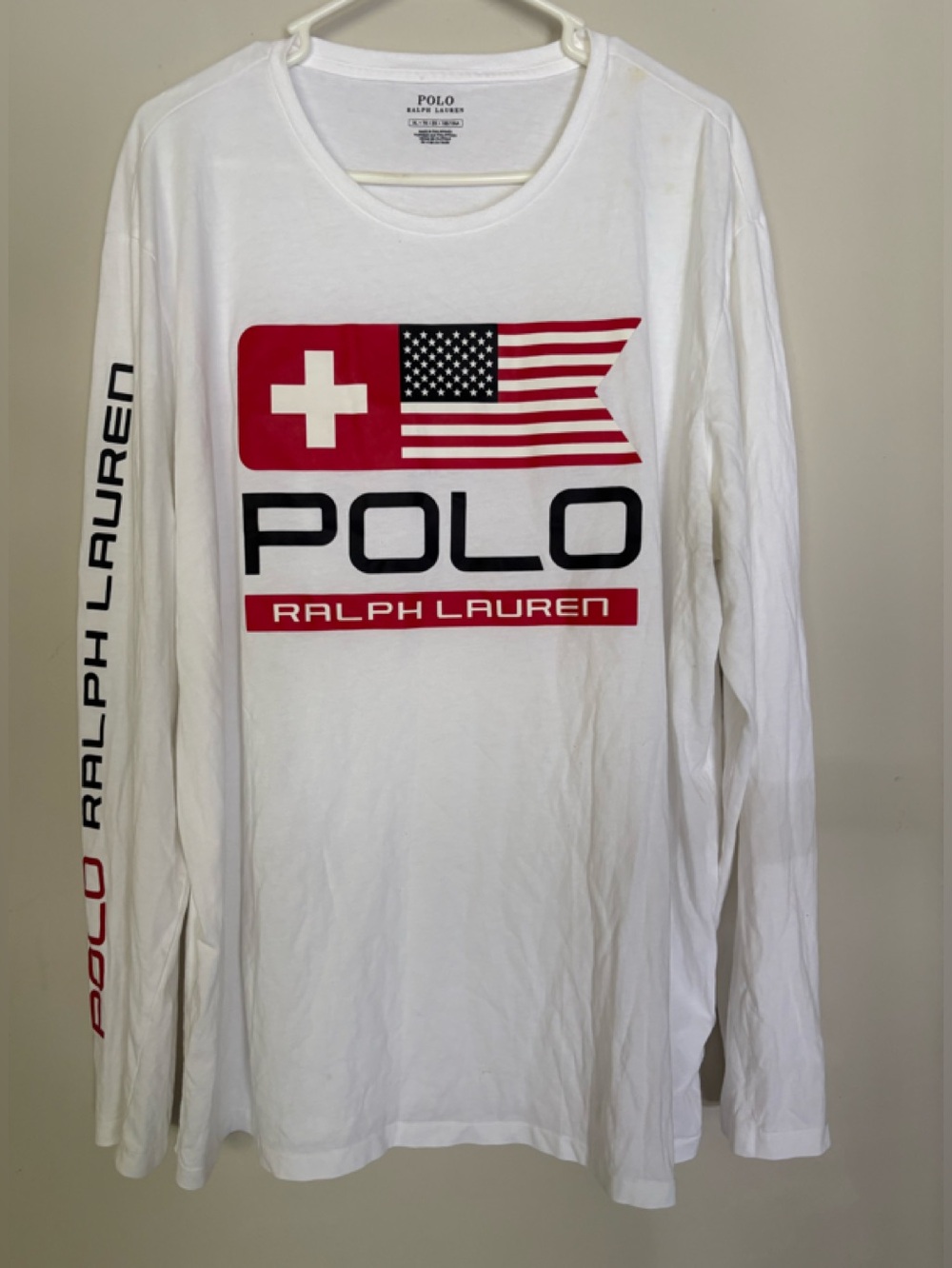 Polo by Ralph Lauren White Long-Sleeve Tee with Red and Black Size XL